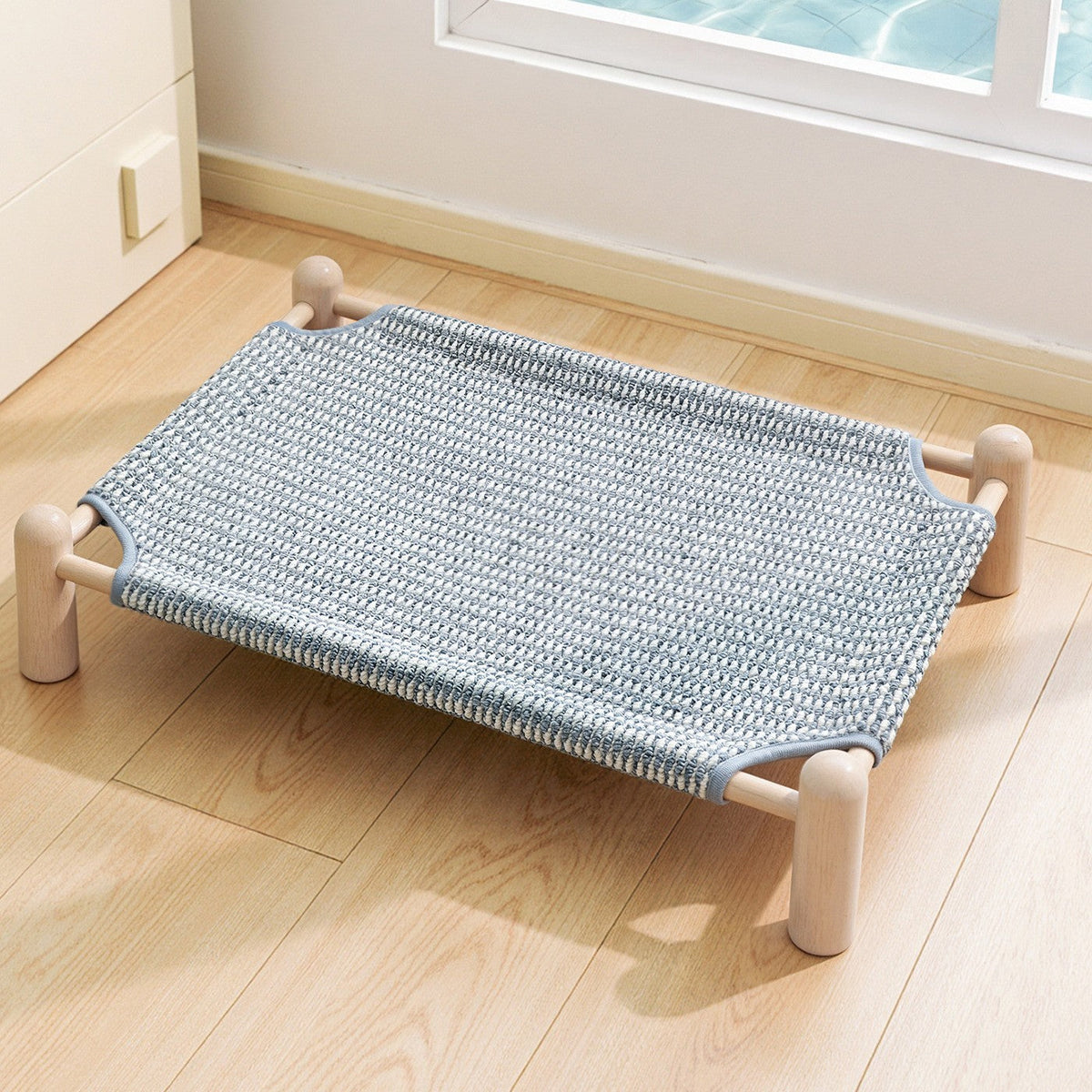 Elevated Wooden Pet Bed with Breathable Woven Cover for Cats and Small Dogs