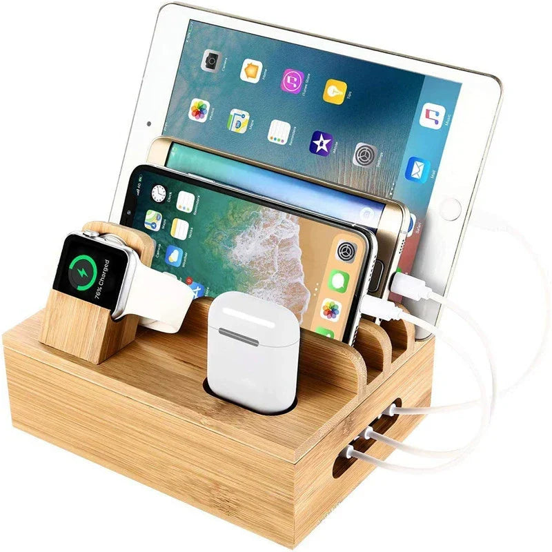 Bamboo 5-Port USB Charging Station and Organizer with Watch and Earbud Holders