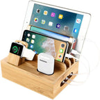 Bamboo 5-Port USB Charging Station and Organizer with Watch and Earbud Holders