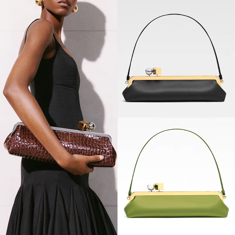 Patent Leather Evening Handbag with Detachable Strap and Frame Clasp