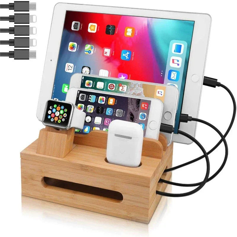 Bamboo 5-Port USB Charging Station and Organizer with Watch and Earbud Holders