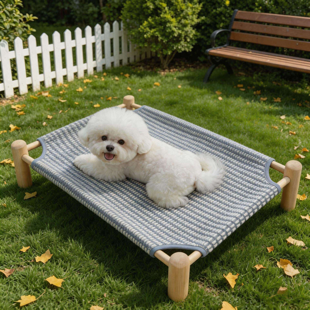 Elevated Wooden Pet Bed with Breathable Woven Cover for Cats and Small Dogs