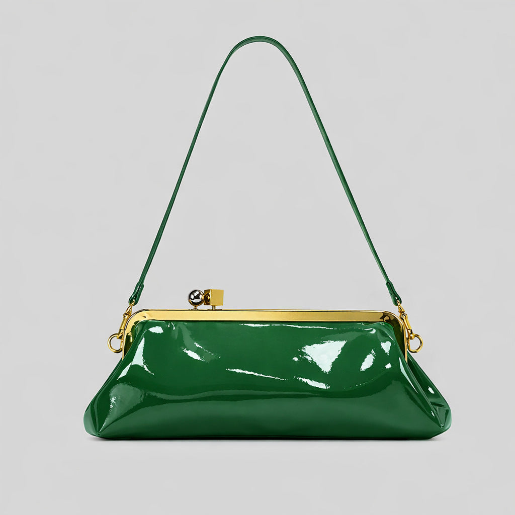 Patent Leather Evening Handbag with Detachable Strap and Frame Clasp