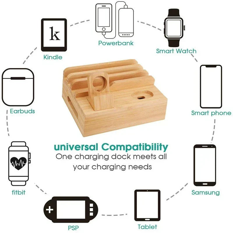 Bamboo 5-Port USB Charging Station and Organizer with Watch and Earbud Holders