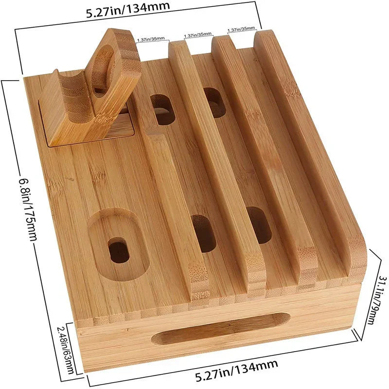 Bamboo 5-Port USB Charging Station and Organizer with Watch and Earbud Holders