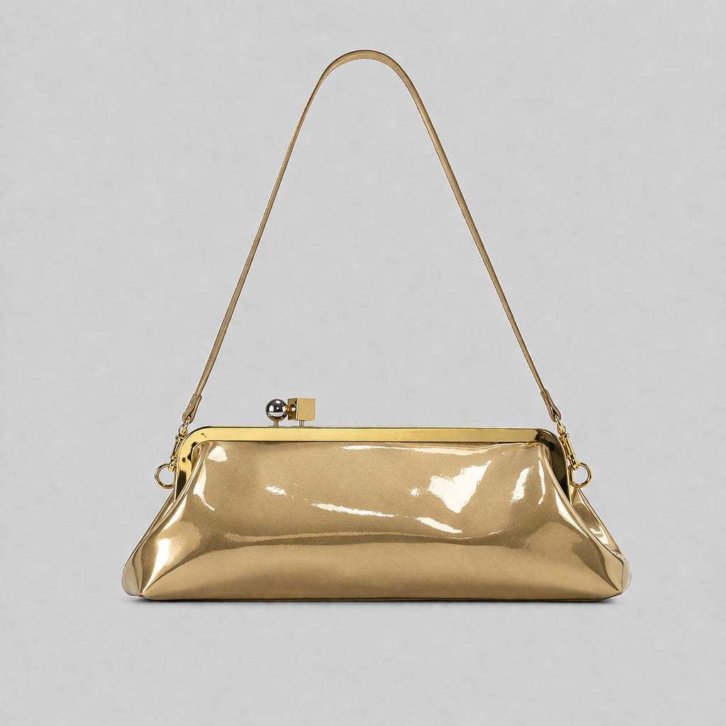 Patent Leather Evening Handbag with Detachable Strap and Frame Clasp
