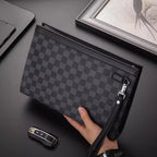 Leather Checkered Document Clutch with Wrist Strap