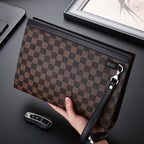 Leather Checkered Document Clutch with Wrist Strap