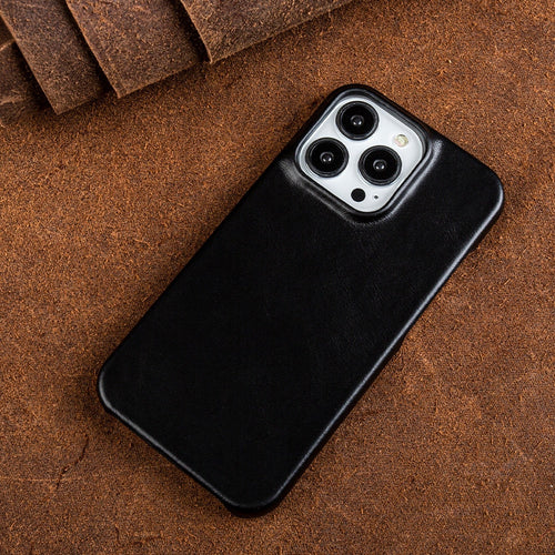 Oil-Wax Genuine Leather Apple iPhone Case with Magnetic Ring