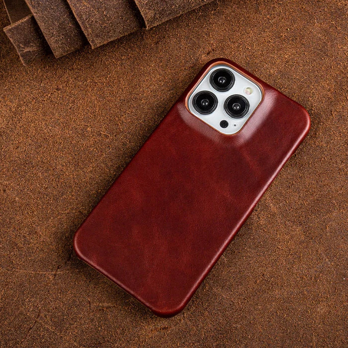 Oil-Wax Genuine Leather Apple iPhone Case with Magnetic Ring