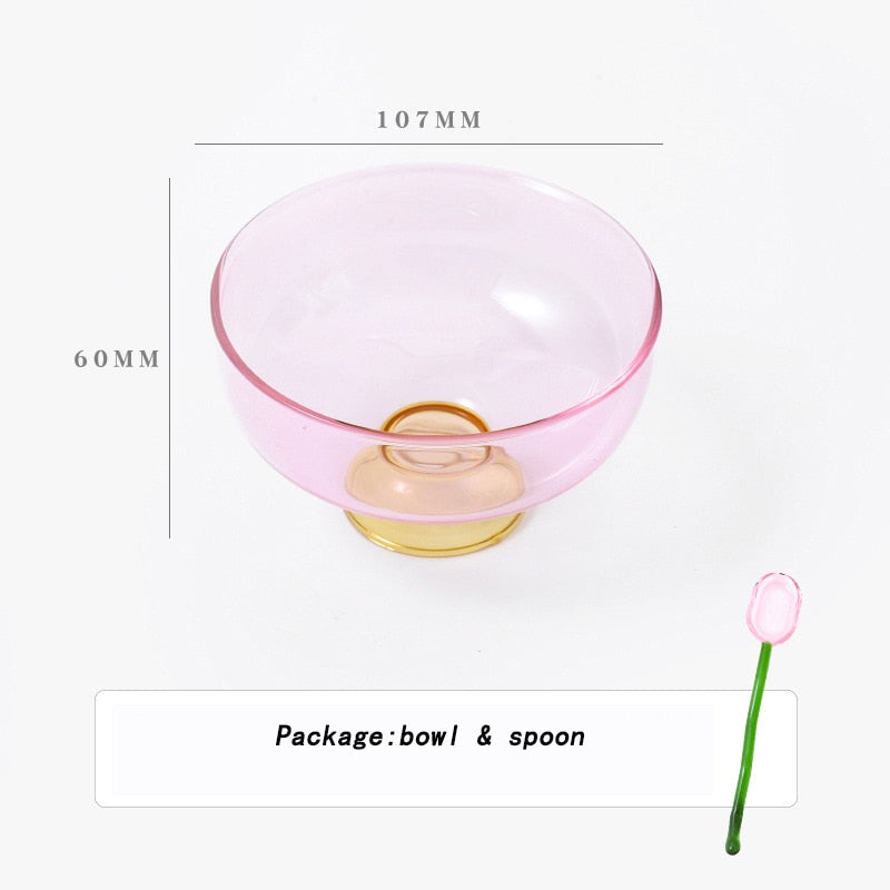 Colorful Borosilicate Glass Dessert Bowl with Teaspoon, Ø 10.7 x H 6 cm