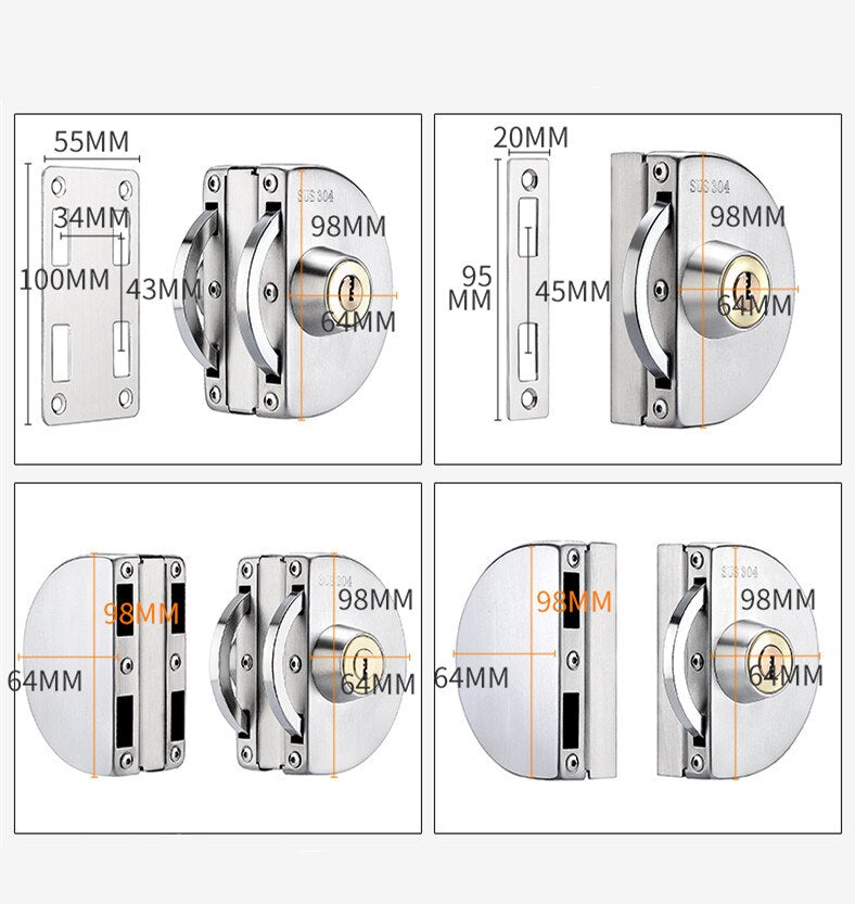 Sliding Glass Door Lock, Stainless Steel, 10–14 mm Glass