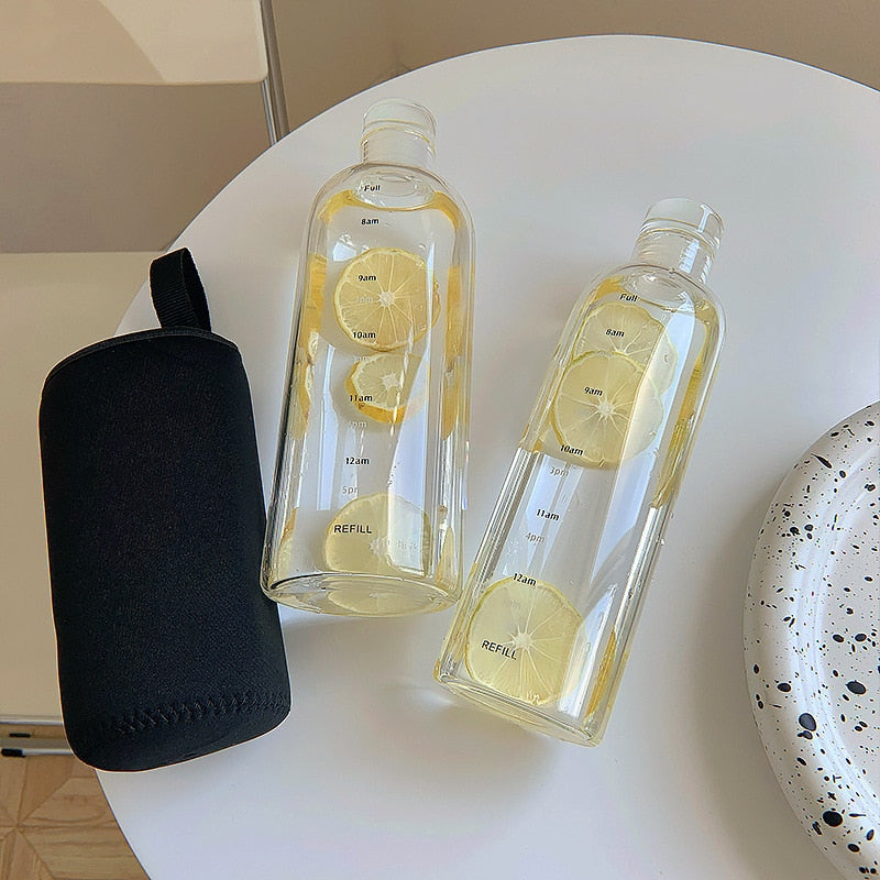 Glass Water Bottle with Printed Time Scale, 500 ml or 750 ml