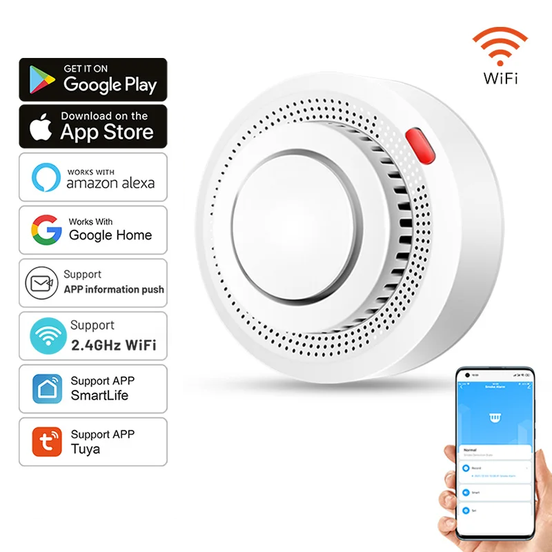 WiFi Smoke and Heat Detector with 85 dB Alarm, ABS, 8.0 cm