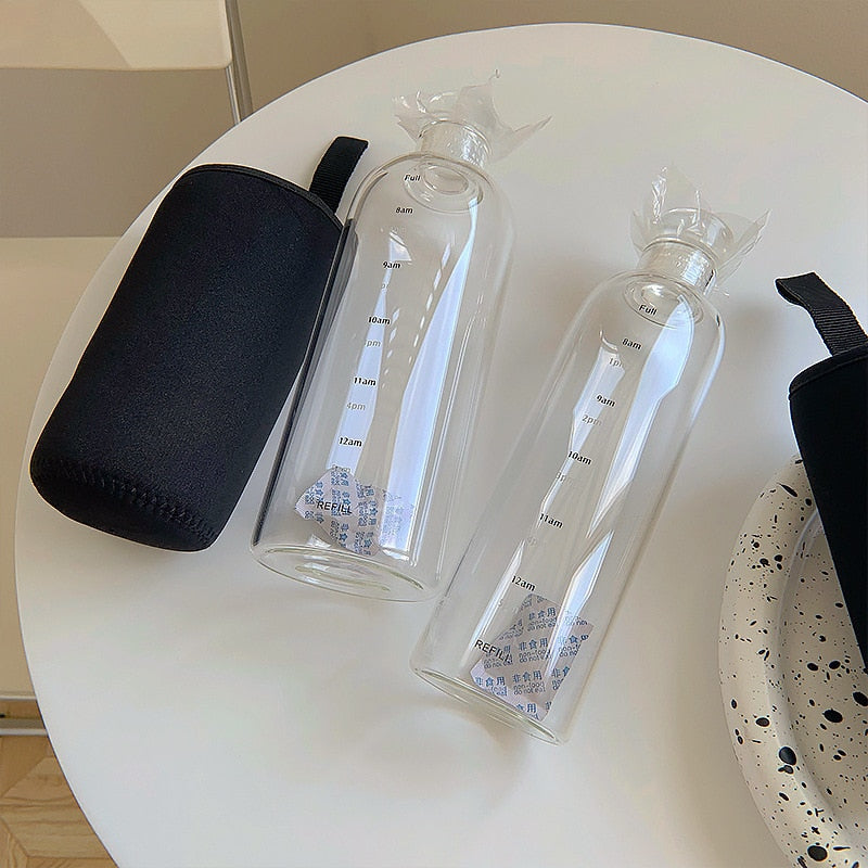 Glass Water Bottle with Printed Time Scale, 500 ml or 750 ml