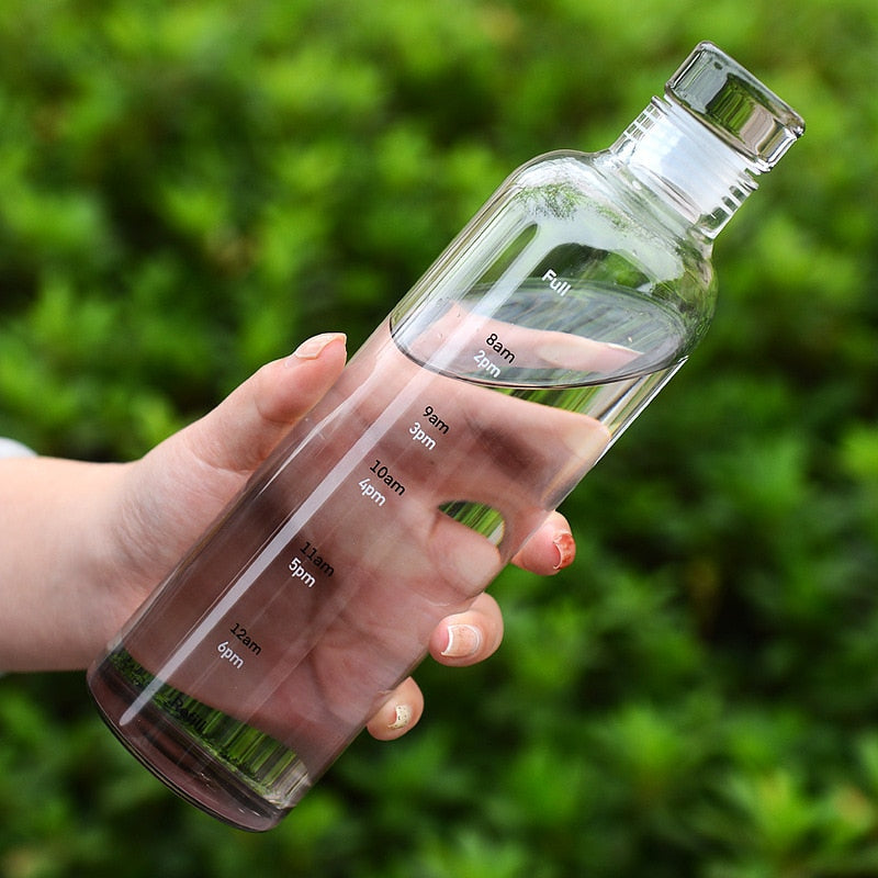 Glass Water Bottle with Printed Time Scale, 500 ml or 750 ml
