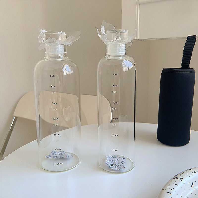 Glass Water Bottle with Printed Time Scale, 500 ml or 750 ml