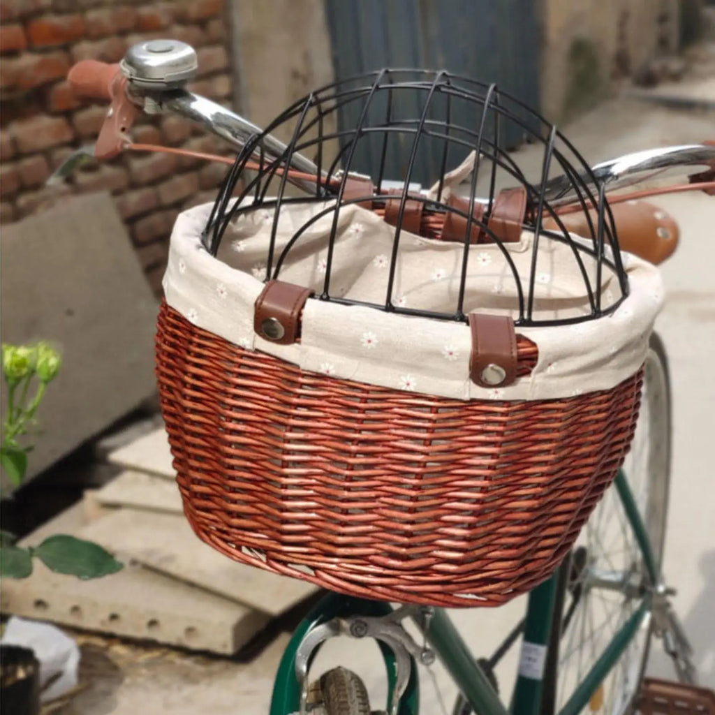 Front-Mounted Wicker Dog Bike Basket, Handwoven Rattan, 30 × 25 × 20 cm