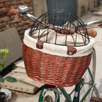 Front-Mounted Wicker Dog Bike Basket, Handwoven Rattan, 30 × 25 × 20 cm