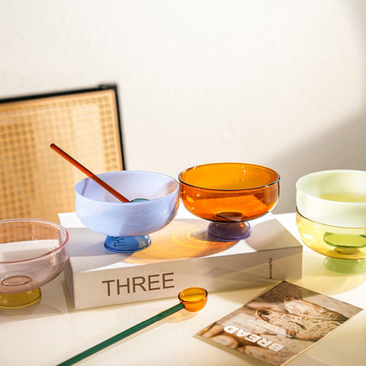 Colorful Borosilicate Glass Dessert Bowl with Teaspoon, Ø 10.7 x H 6 cm