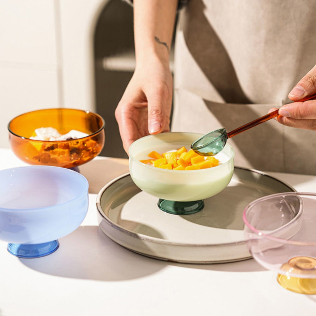 Colorful Borosilicate Glass Dessert Bowl with Teaspoon, Ø 10.7 x H 6 cm