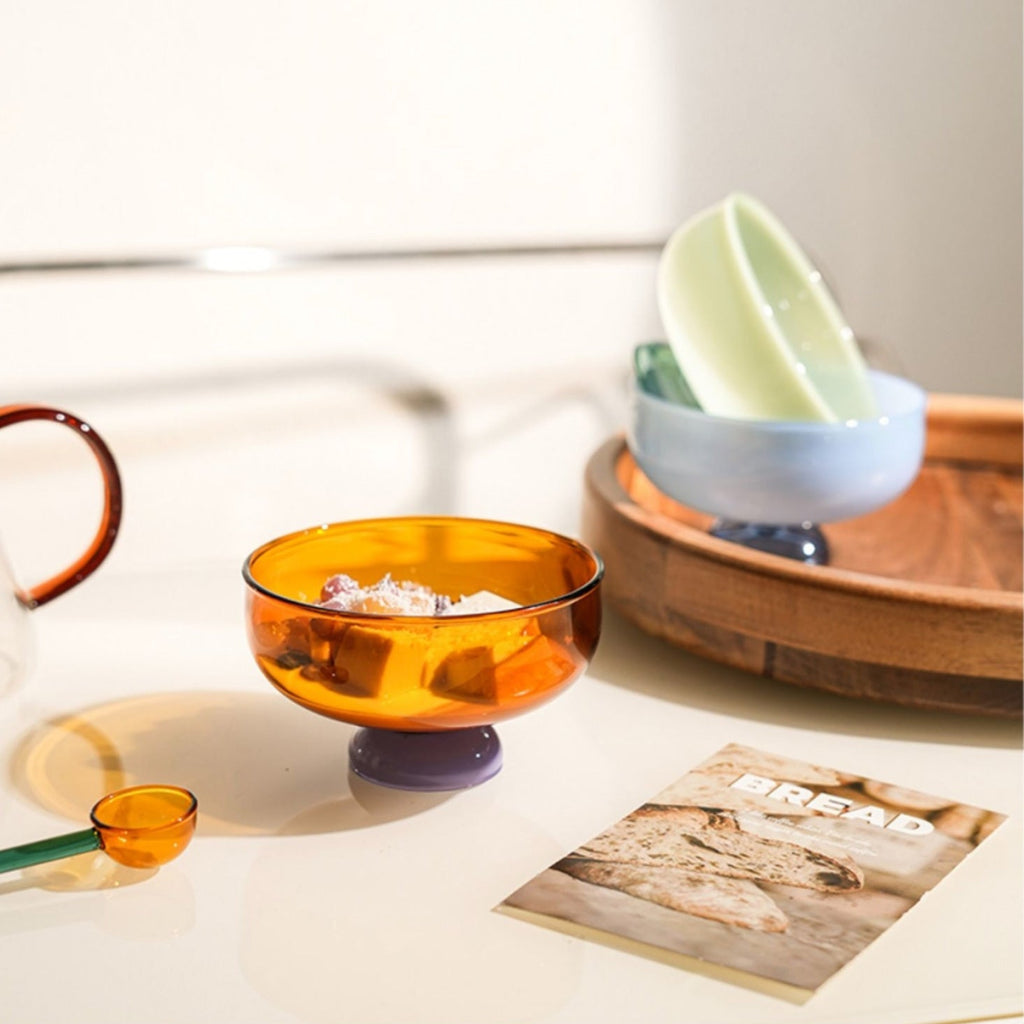 Colorful Borosilicate Glass Dessert Bowl with Teaspoon, Ø 10.7 x H 6 cm