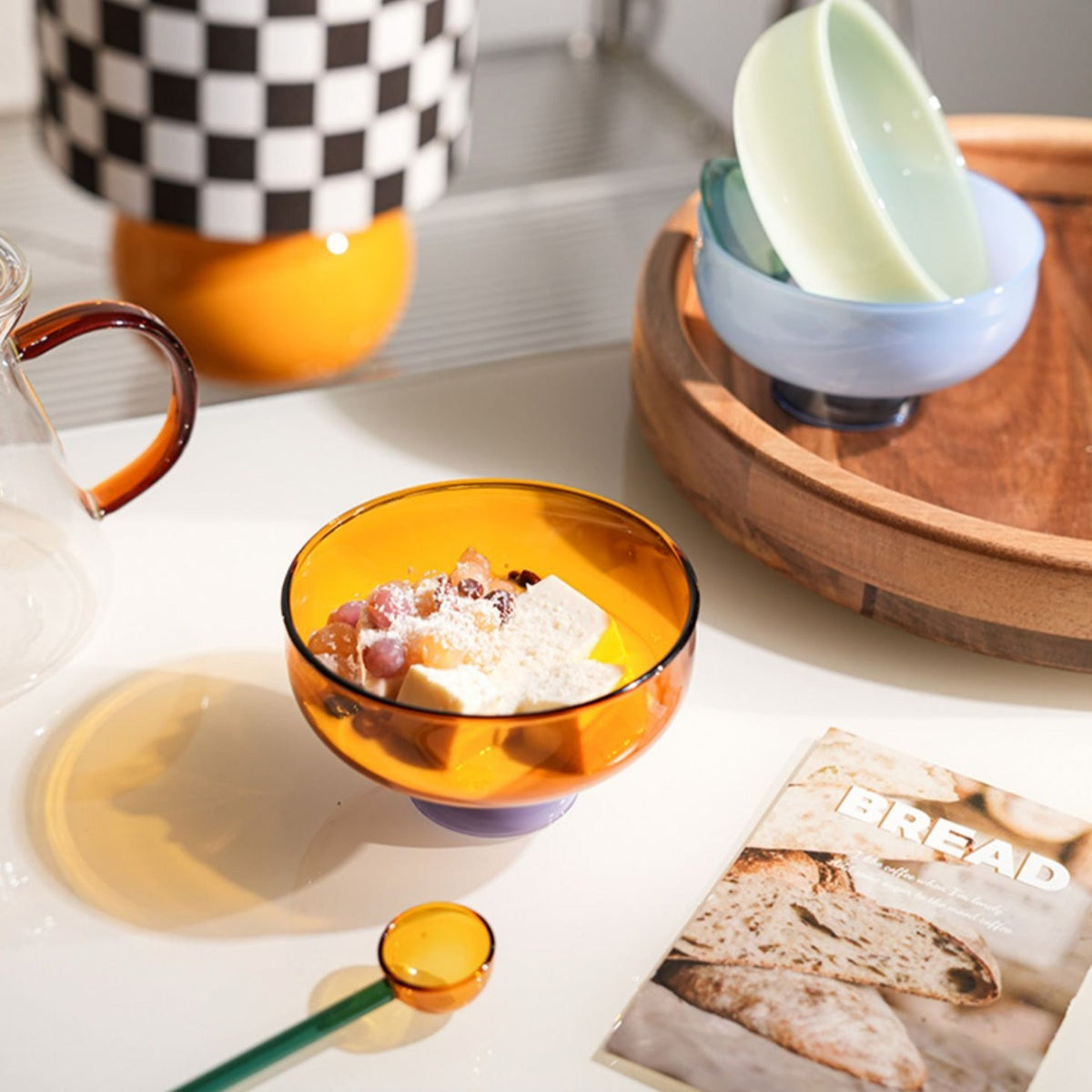 Colorful Borosilicate Glass Dessert Bowl with Teaspoon, Ø 10.7 x H 6 cm