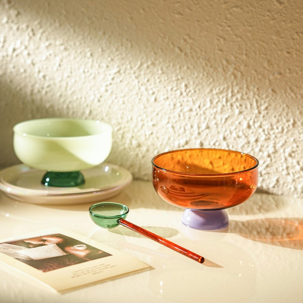 Colorful Borosilicate Glass Dessert Bowl with Teaspoon, Ø 10.7 x H 6 cm
