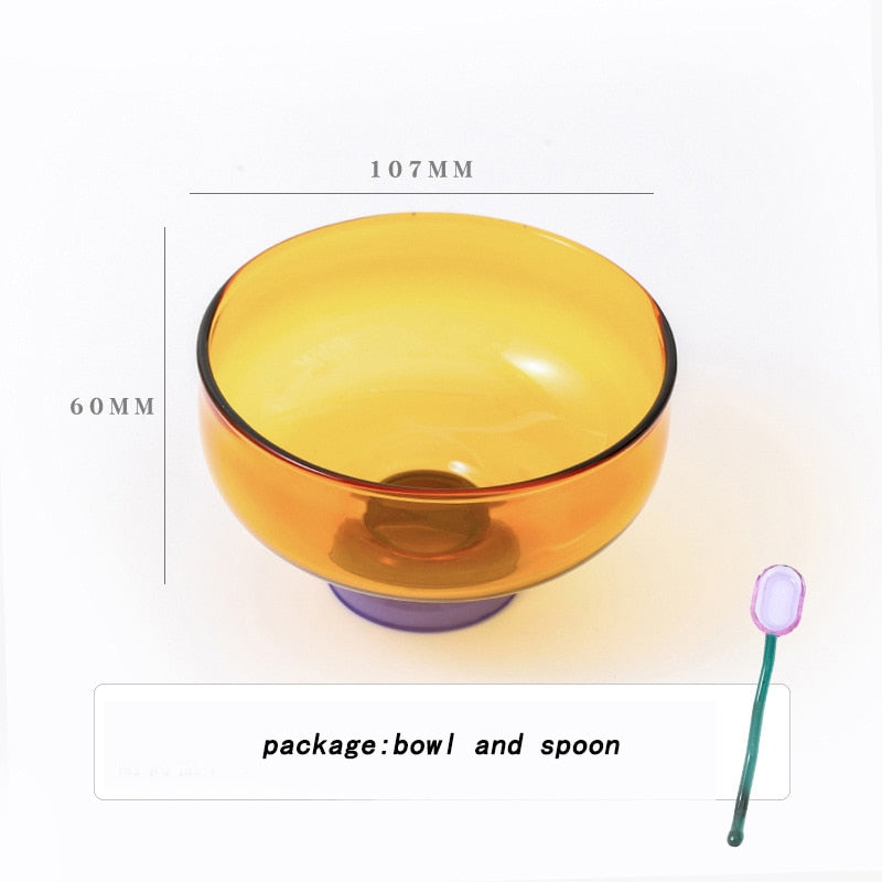 Colorful Borosilicate Glass Dessert Bowl with Teaspoon, Ø 10.7 x H 6 cm