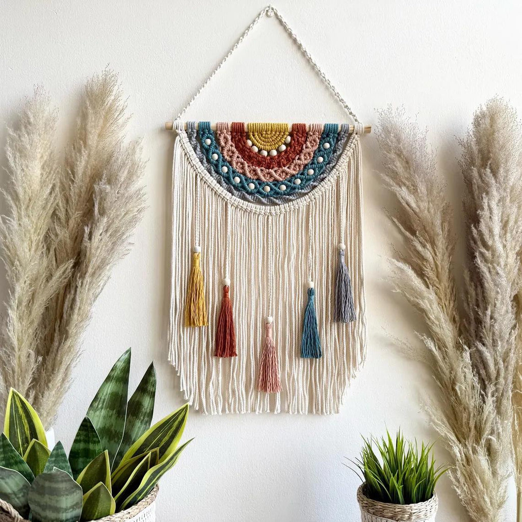 Artistic Macrame Wall Hanging with Colorful Tassels and Decorative Elements | Thrascher