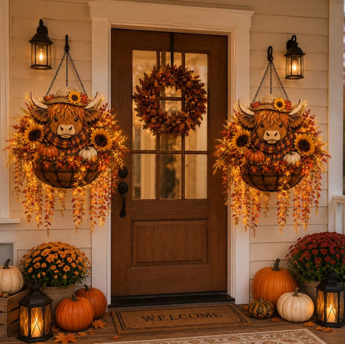 Autumn Hanging Porch Basket Decoration with Highland Cow Face Sunflowers Pumpkins and LED Fairy Lights | Thrascher