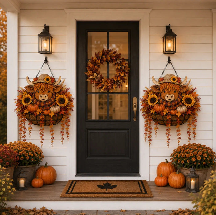 Autumn Hanging Porch Basket Decoration with Highland Cow Face Sunflowers Pumpkins and LED Fairy Lights | Thrascher