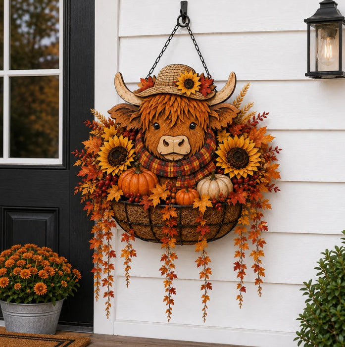 Autumn Hanging Porch Basket Decoration with Highland Cow Face Sunflowers Pumpkins and LED Fairy Lights | Thrascher