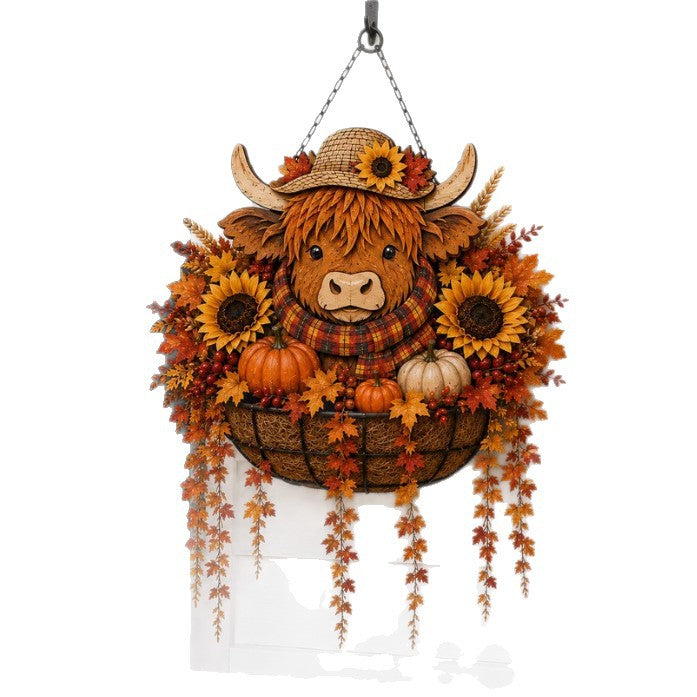 Autumn Hanging Porch Basket Decoration with Highland Cow Face Sunflowers Pumpkins and LED Fairy Lights | Thrascher