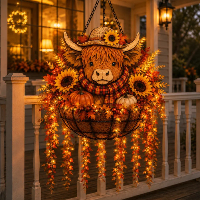 Autumn Hanging Porch Basket Decoration with Highland Cow Face Sunflowers Pumpkins and LED Fairy Lights | Thrascher