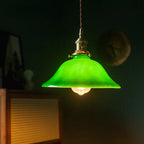 Banker-Style Glass Pendant Light with Brass Socket and Twisted Fabric Cord | Thrascher
