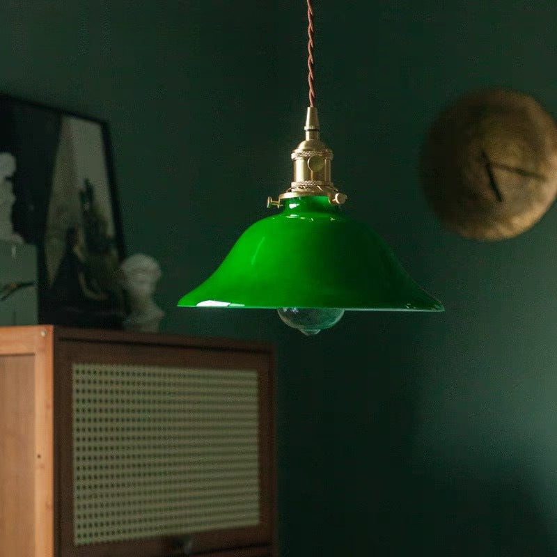 Banker-Style Glass Pendant Light with Brass Socket and Twisted Fabric Cord | Thrascher