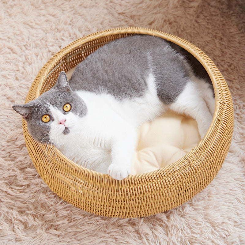Cat Bed with Round Rattan Decoration | Thrascher