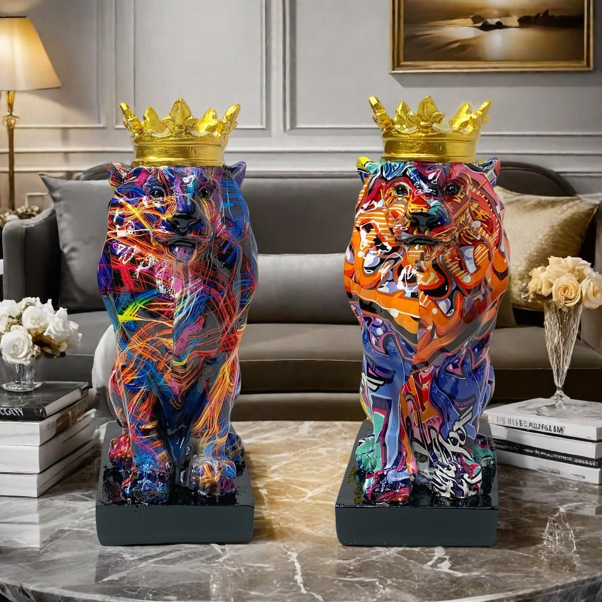 Colorful Lions Sculpture with Crown | Thrascher