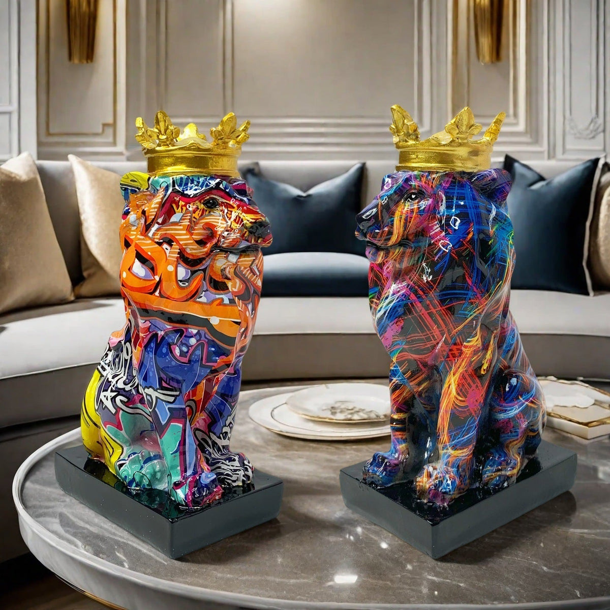Colorful Lions Sculpture with Crown | Thrascher