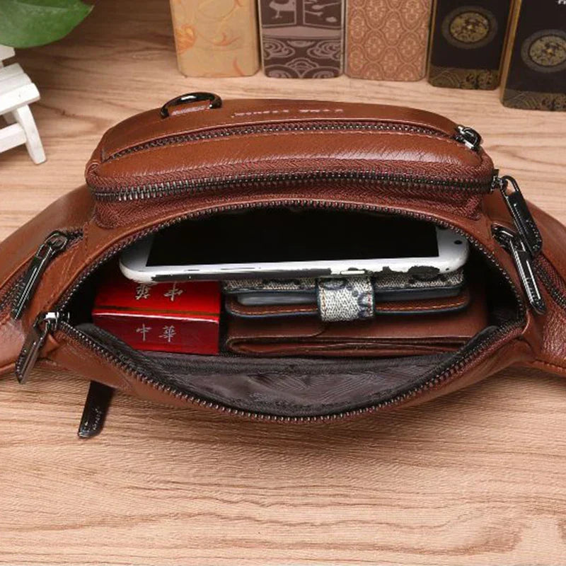 Cowhide Leather Waist Bag for Men, 22 cm, Adjustable Strap, view 6