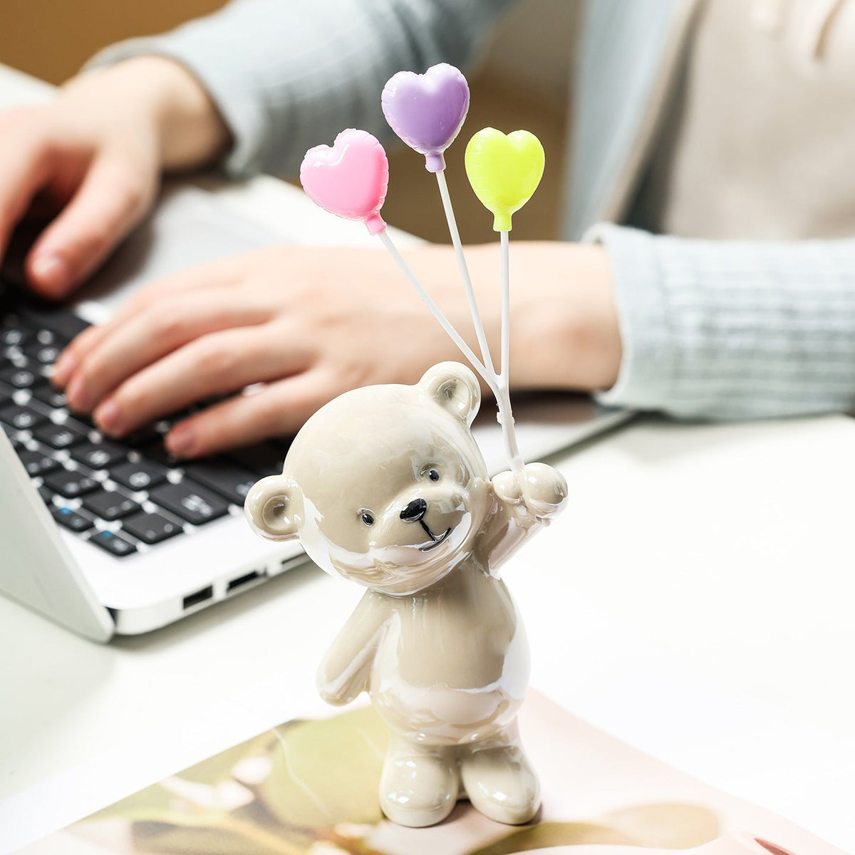 Cute Ceramic Bear Figurine with Balloons | Thrascher