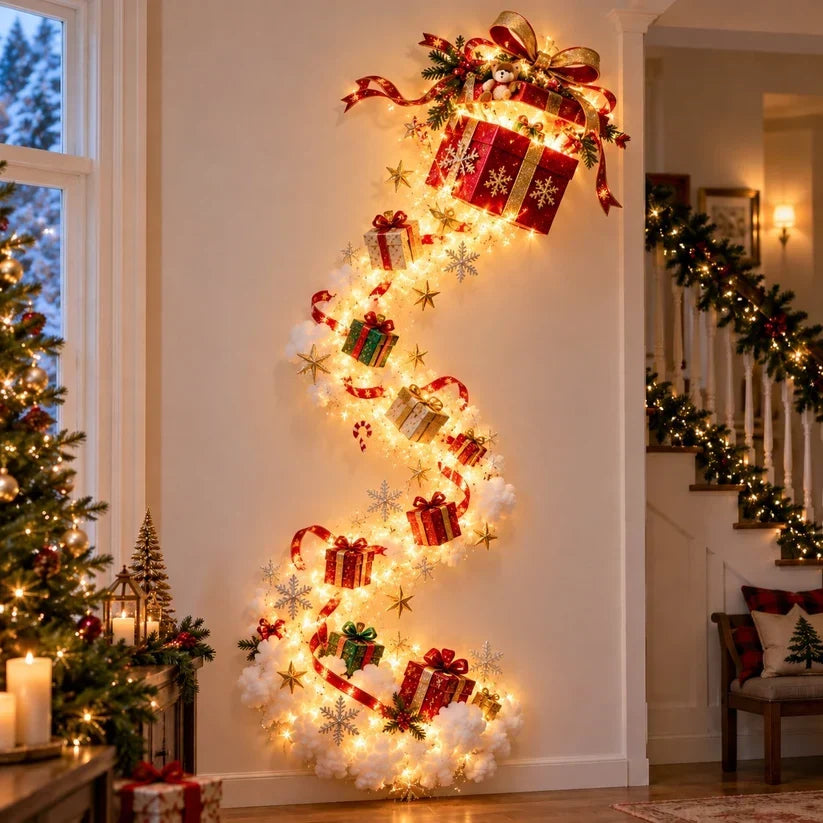 Christmas Wall Decoration with Warm Golden Lights and Winter Details