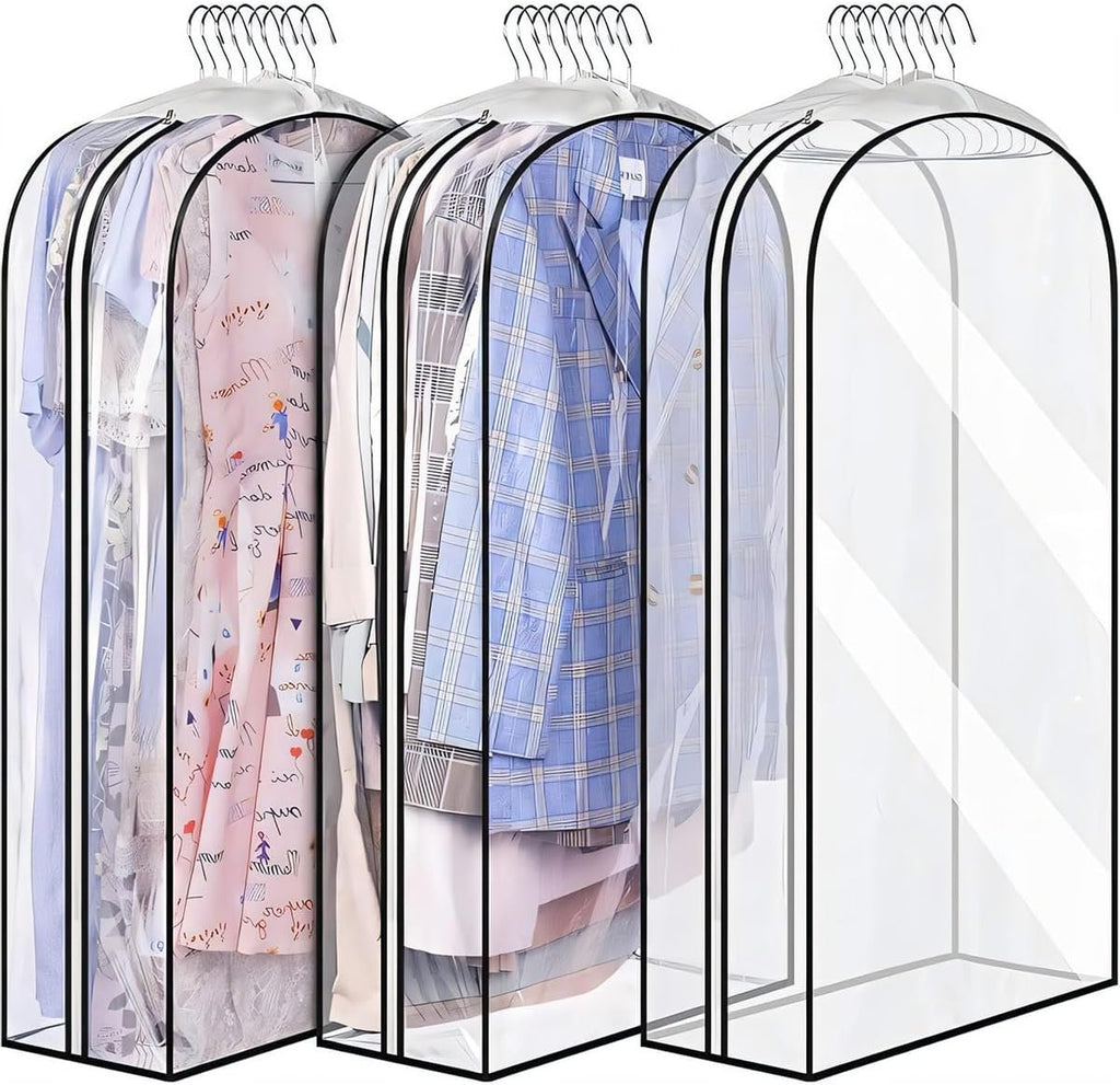 Clear PEVA Gusseted Garment Storage Bags with Side Zipper, 3-Pack