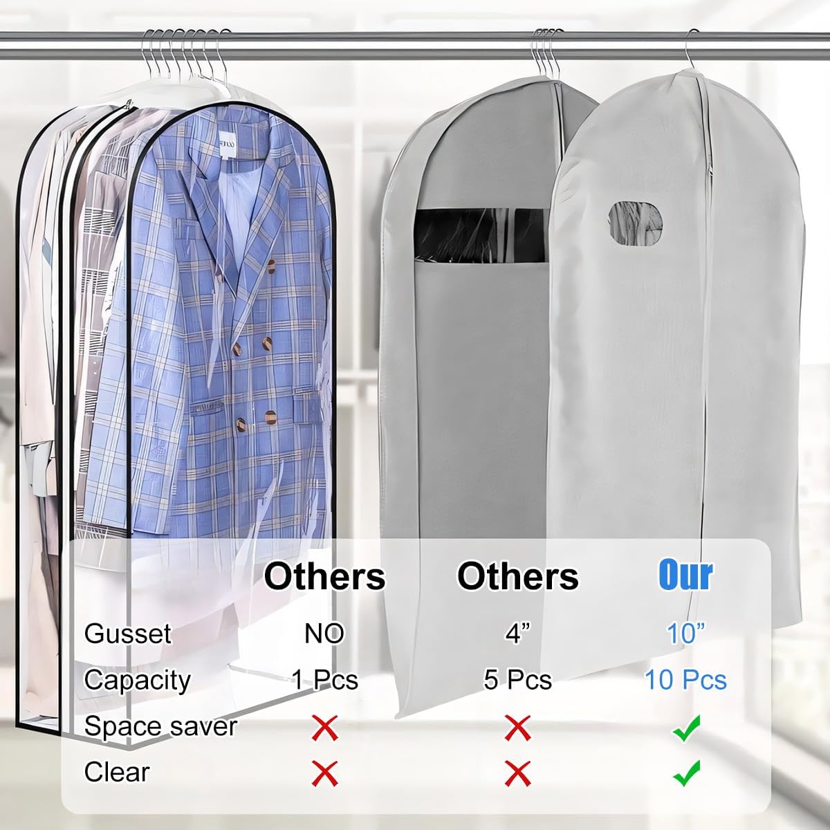 Clear PEVA Gusseted Garment Storage Bags with Side Zipper, 3-Pack