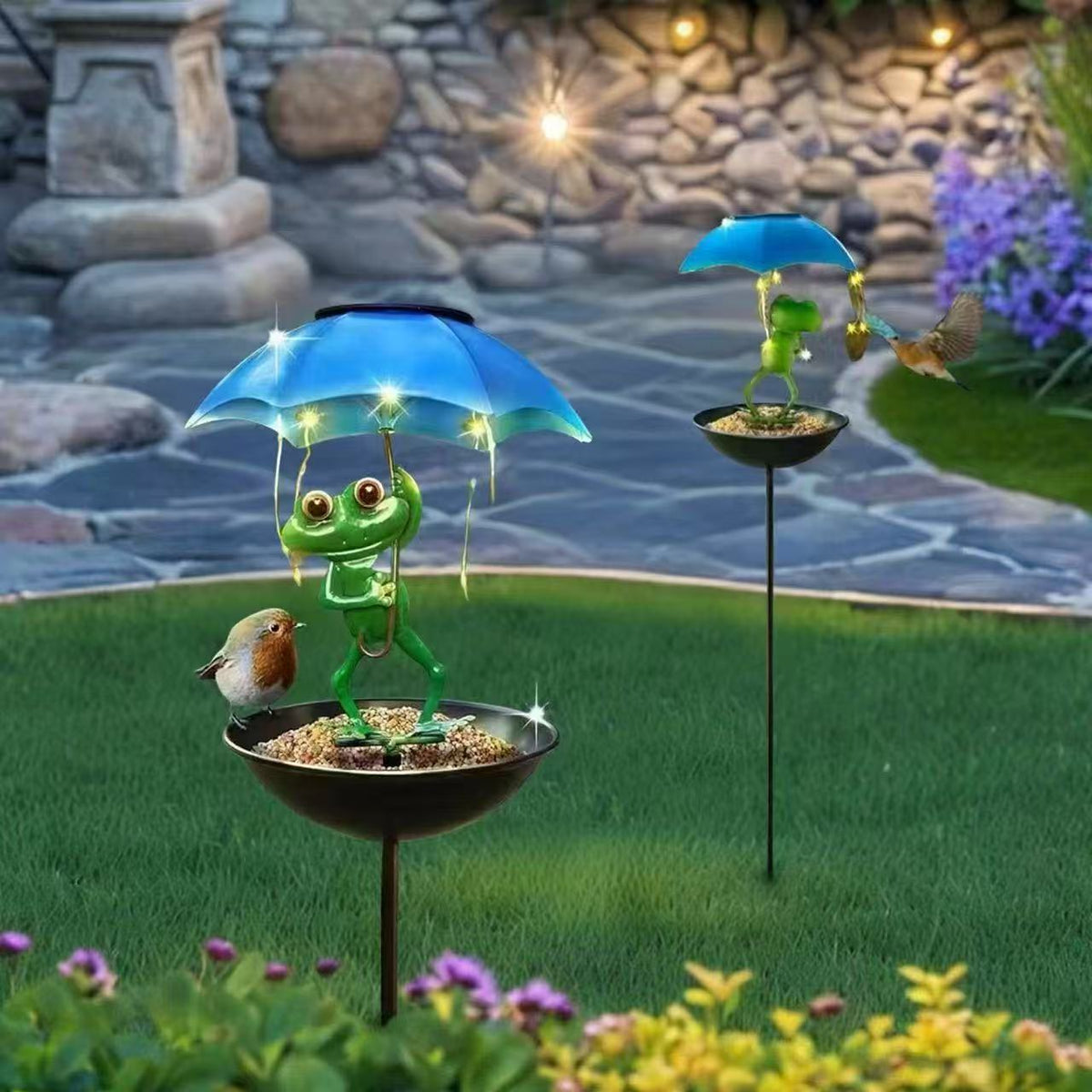 Decorative Garden Birdhouse Stake with Protective Umbrella and Playful Frog Decoration | Thrascher