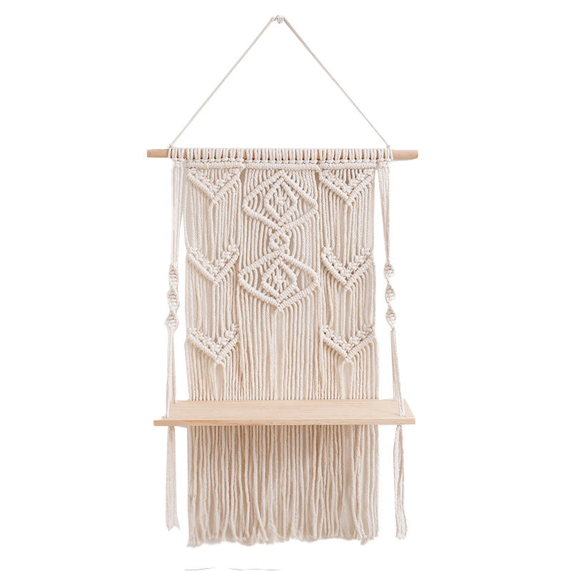 Decorative Macrame Wall Shelf with Rustic Wooden Accent | Thrascher
