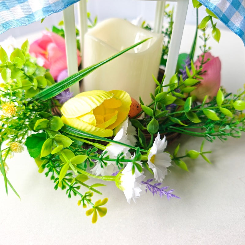 Decorative Table Lantern with Artificial Flowers and Ribbon | Thrascher