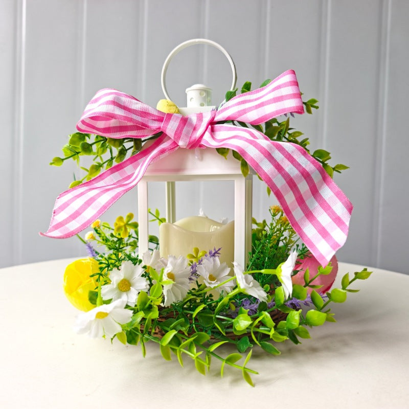 Decorative Table Lantern with Artificial Flowers and Ribbon | Thrascher