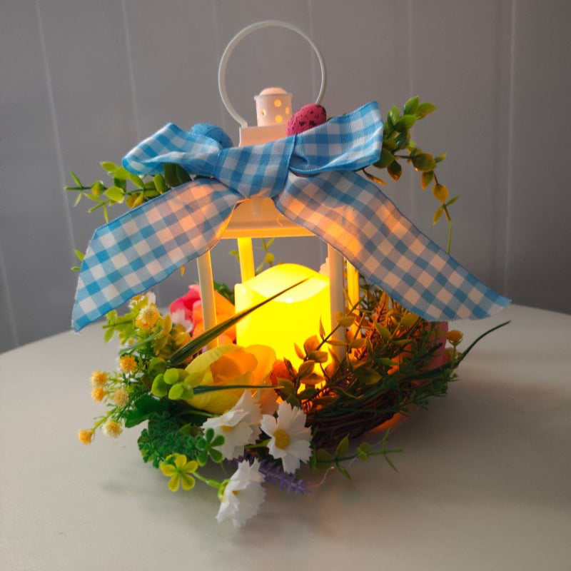 Decorative Table Lantern with Artificial Flowers and Ribbon | Thrascher